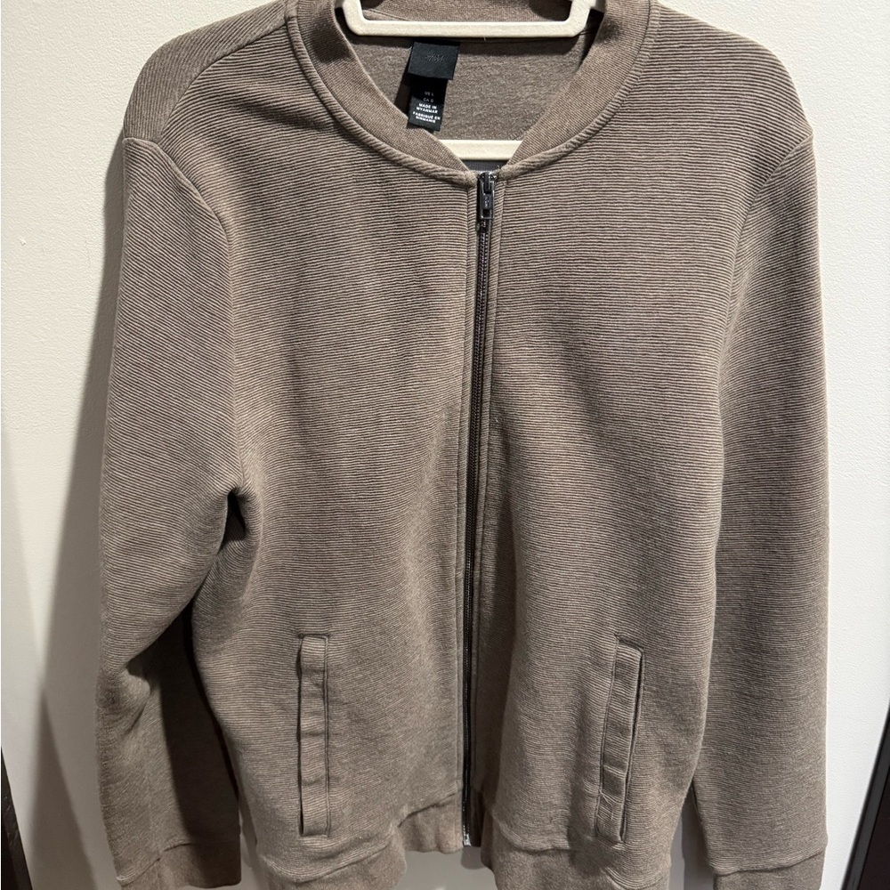 H&M Taupe Ribbed Zip Up Sweater Large Layering Minimalist Earth Tones
